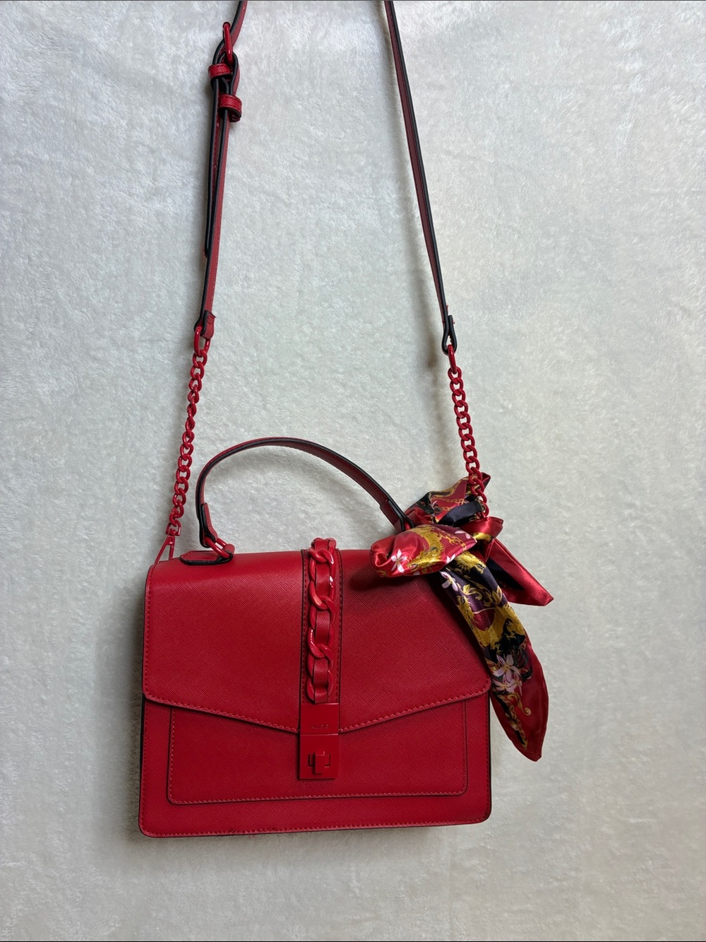 Aldo Red Structured Top-Handle Satchel with Scarf Accent